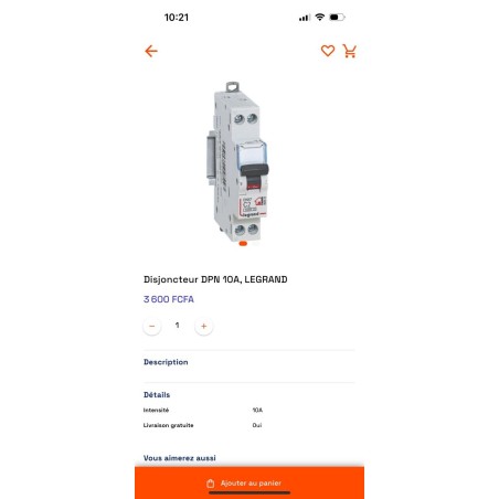 Disjoncteur DPN LEGRAND 10A Courbe C – 1P+N